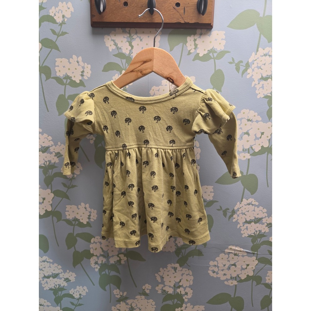Kate Quinn Organic Cotton Rib Tree Print Ruffle Shoulder Dress Yellow 6-12M
